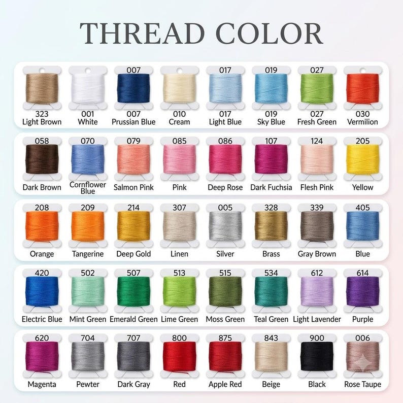 May include: A thread colour chart featuring forty-eight individual spools of embroidery thread arranged in a grid. Each spool is labelled with a unique numerical code and a corresponding colour name, including shades like white, black, red, and blue.
