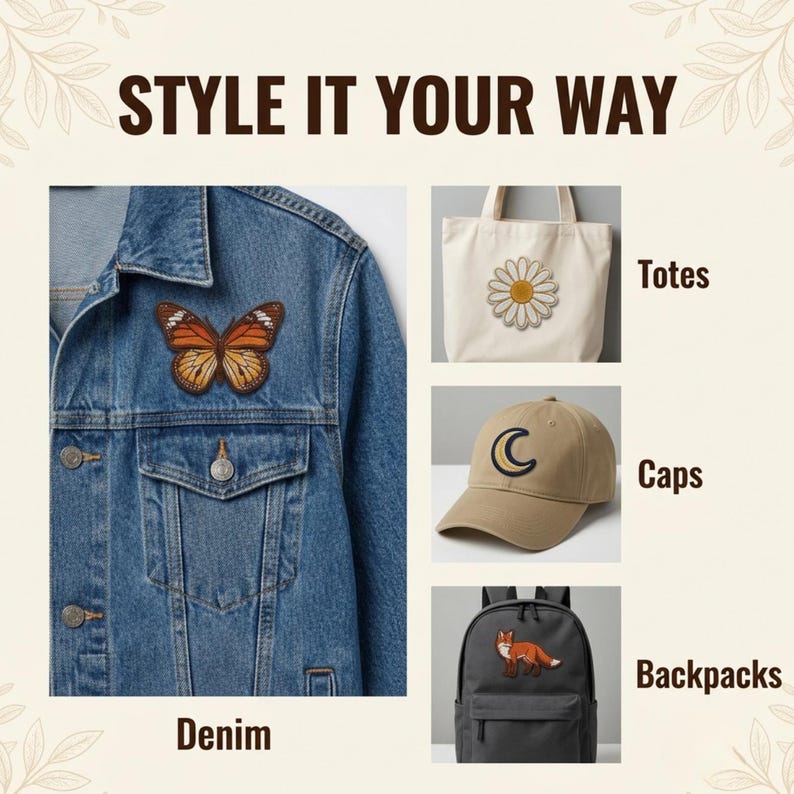 May include: A blue denim jacket with a butterfly patch, a cream tote bag with a daisy patch, a tan cap with a crescent moon patch, and a black backpack with a fox patch. The text reads STYLE IT YOUR WAY, Denim, Totes, Caps, Backpacks.