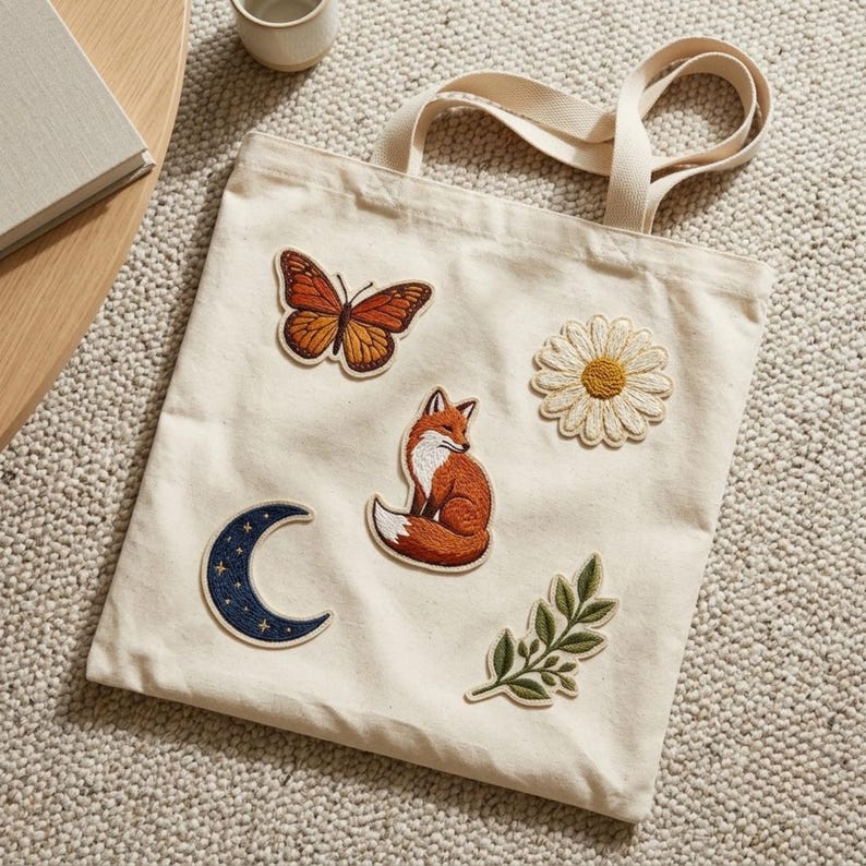 May include: A cream-coloured canvas tote bag featuring five embroidered patches: an orange monarch butterfly, a white daisy, a red fox, a dark blue crescent moon with small gold stars, and a green leafy branch.