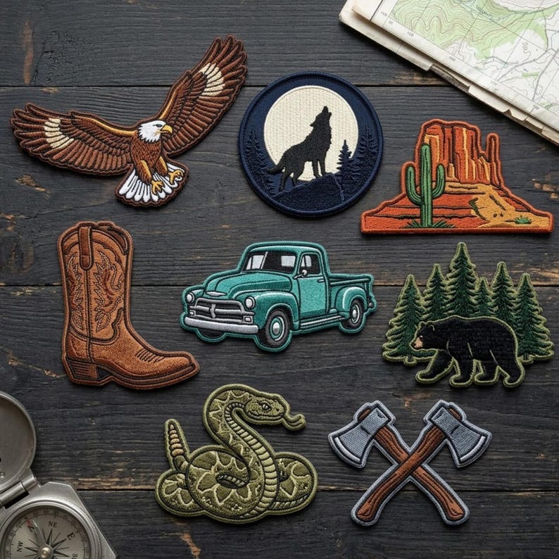 May include: A collection of embroidered patches featuring a bald eagle, a howling wolf in a circular frame, a desert landscape with a cactus, a brown cowboy boot, a teal pickup truck, a black bear in a pine forest, a rattlesnake, and two crossed axes.