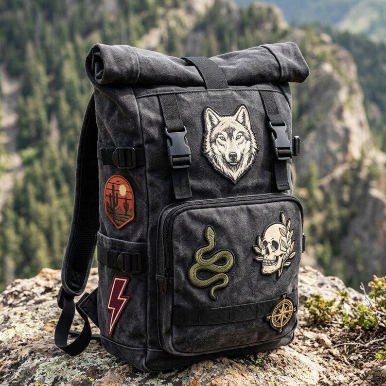 May include: A charcoal grey roll-top backpack featuring a wolf head patch, a desert landscape patch, a snake patch, a skull with leaves patch, a lightning bolt patch, and a compass patch, secured with black plastic buckles and straps.