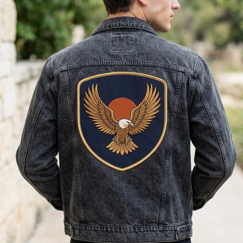 May include: A charcoal grey acid-wash denim jacket featuring a large shield-shaped patch on the back. The patch displays an embroidered eagle with spread wings in front of a solid orange circle, set against a dark navy blue background.