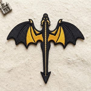 Custom Flying Dragon Patch, Embroidered Black Gold Wings Applique, Gothic Fantasy Iron On Badge, Mythical Creature Gift for Coats, Bags, DIY