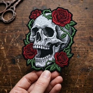 Custom Skull Rose Patch, Embroidered Red Floral Applique, Gothic Vine Iron On Badge, Alternative Fashion Gifts for Jackets, Vests, Backpacks