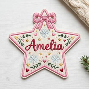 Custom Name Christmas Star Patch, Personalized Embroidered Applique, Pink Bow Snowflake Iron On Badge, Cute Holiday Gift for Kids, Stockings