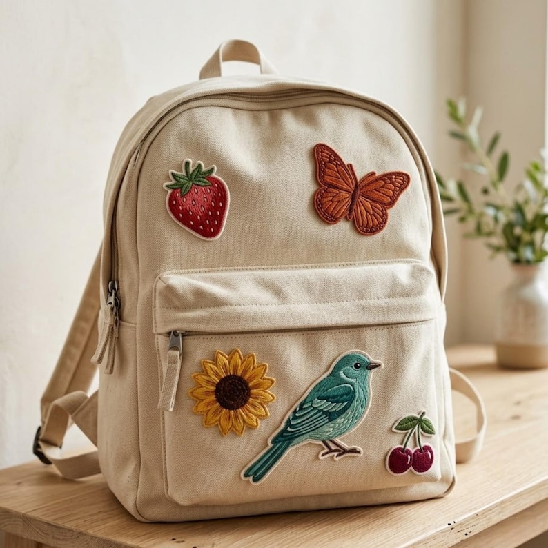 May include: A beige canvas backpack featuring embroidered patches of a red strawberry, an orange butterfly, a yellow sunflower, a blue bird, and two red cherries. The backpack has a main compartment and a front zippered pocket with metal pulls.