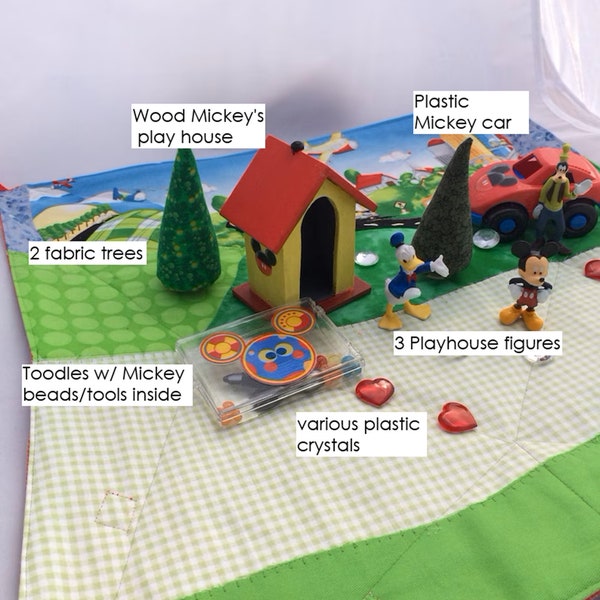 Mickey Mouse Club House play set  play scape 3 characters, wooden clubhouse, plastic car, Toodles Imaginative Kid's Playmat