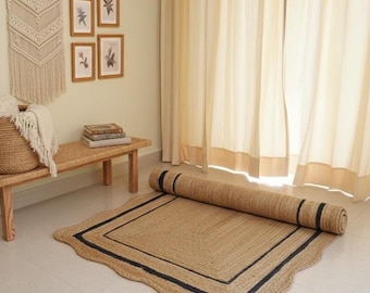 Handwoven Jute Scalloped Rug, Bohemian Natural Fiber Area Rug