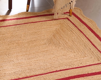 Handwoven Jute Rug with Red Stripes | Natural Farmhouse Area Rug | Boho Rustic Floor Mat | Eco Friendly Home Decor