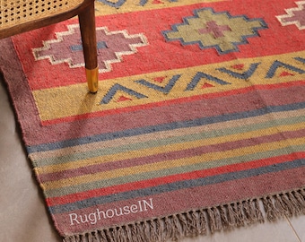 Alfombra Kilim de yute de lana vintage, tejida a mano, alfombra de lana y yute hecha a mano, alfombra Kilim Dhurrie, alfombra tradicional de la zona de yute indio