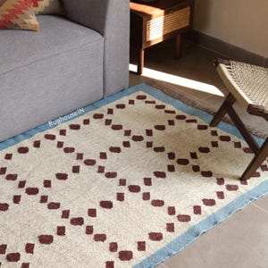 Handvävd blå, rostfri och beige elegant ullmatta: Geometrisk skandinavisk modern minimalistisk design