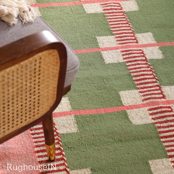 Hand Woven Wool Rug: Green, Geometric Boho Decor                                               rug, jute kilim rug, wool jute kilim rug