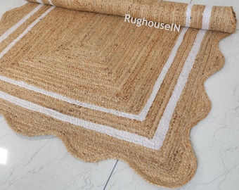 Alfombra de yute trenzada a mano con borde festoneado beige, estilo bohemio.