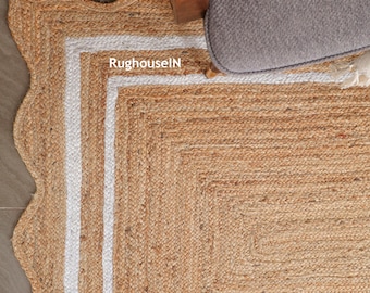 Handwoven Natural Jute Rug with White Border – Eco-Friendly Area Rug, Scalloped Jute Rug Jute Rug, Runner Rug Custom Rug, Decorative Rug