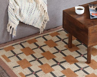 Handmade Wool Jute Kilim Rug, Geometric Boho Decor                                               rug, jute kilim rug, ivory wool rug