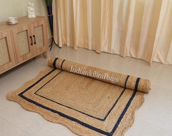 Alfombra de yute festoneada, Alfombra de yute con borde festoneado, Alfombra de yute natural, Alfombra bohemia, Alfombra de yute bohemia, Alfombra de tamaño personalizado