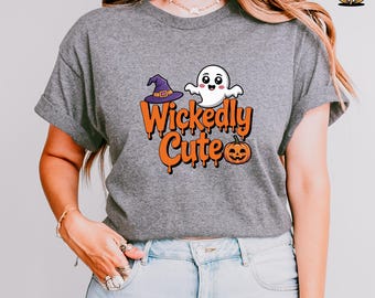 Wickedly Cute PNG | Halloween T-Shirt PNG | Cute Ghost with Pumpkin Witch Hat Sublimation Design | Spooky Cute Digital Download Shirt Art
