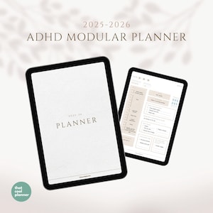 May include: Two black tablets displaying a planner. The first tablet shows the cover with the text "2025-26 PLANNER". The second tablet displays a daily planner layout. The text "ADHD MODULAR PLANNER" is at the top. A teal circle with the text "that cool planner" is in the bottom left.