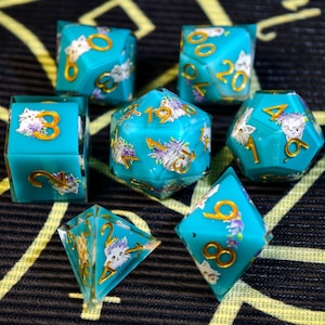 Handmade Cat Lover Blue Resin Dice Set with Gold Numbers, DnD Dice for Dungeons and Dragons, Polyhedral Dice,Gift for Cat Lover Gamer