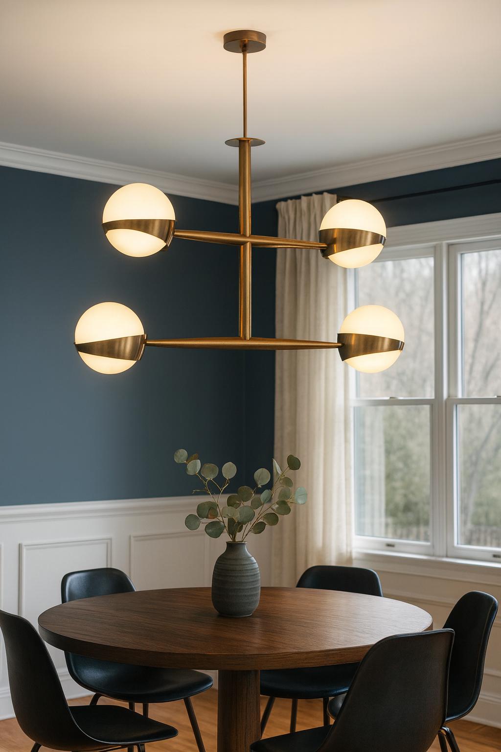 Mid-Century Modern Globe Chandelier Brass and Opal Glass 4-Light