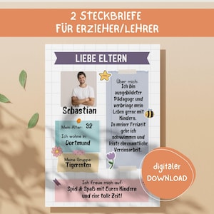 Puede incluir: Una descarga digital que presenta un perfil para educadores. El diseño incluye una foto de un hombre llamado Sebastian, su edad, dónde vive y su grupo. El texto incluye "Liebe Eltern" y "digitaler DOWNLOAD".