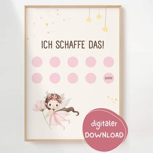 Könnte beinhalten: Ein gerahmter Druck mit dem deutschen Text "ICH SCHAFFE DAS!" und einer Feenillustration. Der Druck zeigt rosa Kreise, Sterne und das Wort "SUPER!" in einem skurrilen Design. Ein digitaler Download-Aufkleber befindet sich unten rechts.