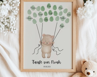 Personalized baptism poster with bear | with/without fingerprints | Christening gift | Baby room decoration – fingerprint poster | Gift idea