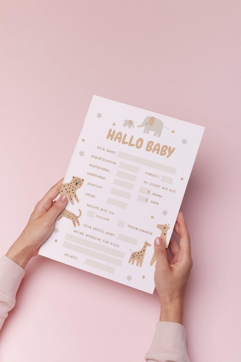 May include: A light pink baby stats sheet with the words "HALLO BABY" at the top. The sheet has fill-in-the-blank sections for baby's name, birthdate, eye color, hair color, weight, height, and more. There are animal illustrations.