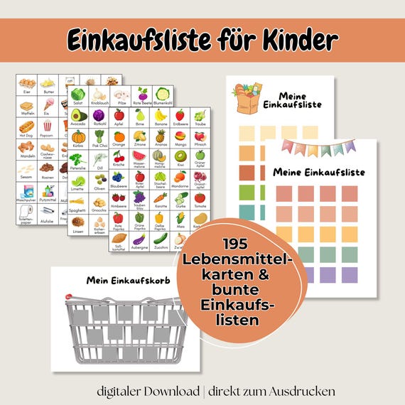 Einkaufsliste Kinder PDF | 195 Lebensmittel Karten | Spielerisch einkaufen lernen | Familien Alltag | Montessori inspiriert