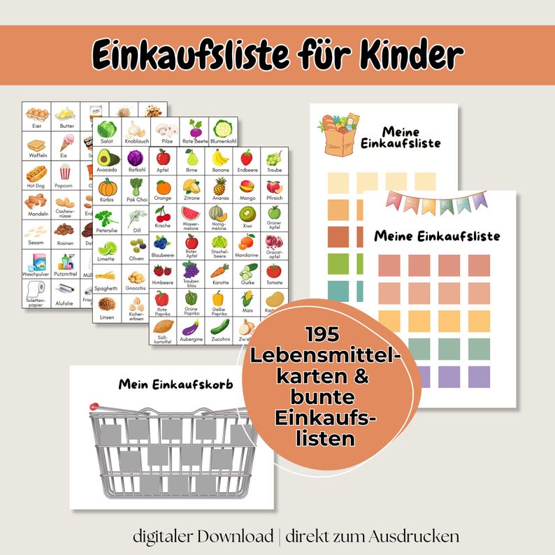 Einkaufsliste für Kinder als PDF mit 195 Lebensmittelkarten, spielerisch einkaufen lernen, pädagogische Familien Vorlage, A4 Printable für Eltern
