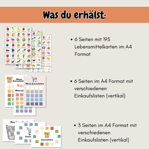 Einkaufsliste für Kinder als PDF mit 195 Lebensmittelkarten, spielerisch einkaufen lernen, pädagogische Familien Vorlage, A4 Printable für Eltern