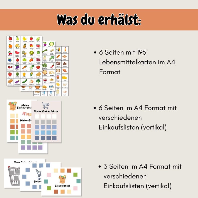 Einkaufsliste für Kinder als PDF mit 195 Lebensmittelkarten, spielerisch einkaufen lernen, pädagogische Familien Vorlage, A4 Printable für Eltern