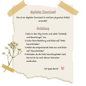 May include: A digital download announcement on a torn paper background, with text in German. The text includes instructions on how to download the file from Etsy. Decorative elements include a sprig of white flowers and tape.