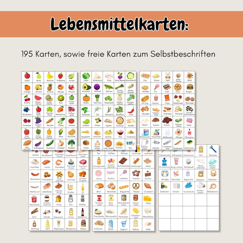Einkaufsliste für Kinder als PDF mit 195 Lebensmittelkarten, spielerisch einkaufen lernen, pädagogische Familien Vorlage, A4 Printable für Eltern