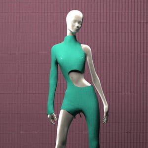 May include: A mannequin wearing a teal-colored, one-sleeved jumpsuit with a high neckline and a cutout at the waist. The mannequin has a pale complexion and is posed against a textured, reddish-purple wall.