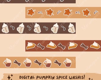 Fall Pumpkin Spice Digital Washi Set, Premium Autumn Coffee Washi Tape, Cozy Cafe Planner Stickers, Printable Fall Washi for Journals