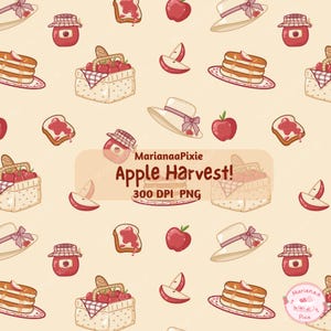 Apple Harvest Seamless Pattern, Cottagecore Apple Picnic Digital Paper, Fall Autumn Pattern PNG, Apple Picking Background, Scrapbook Paper