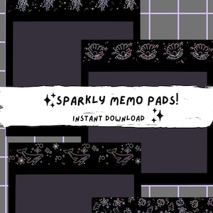 Op de afbeelding: Digitale download-afbeelding met verschillende memoblokken met decoratieve randen. De randen tonen kwallen, schelpen, walvissen en bloemmotieven in een glinsterende, iriserende stijl. De tekst luidt "Sparkly Memo Pads! Instant Download."