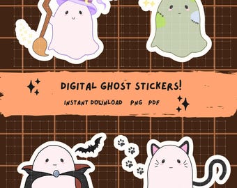 Spökklistermärkespaket, Halloween-spöke-clipart, utskrivbara spök-PNG:er, premiumklistermärken för cosplay-spöken, digitala journalföringsklistermärken