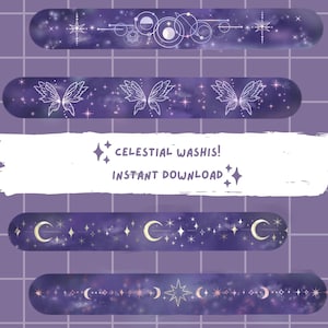 Könnte beinhalten: Eine Sammlung von lila Washi-Tapes mit Sternen-, Mond- und Schmetterlingsmotiven. Der Text "CELESTIAL WASHIS! INSTANT DOWNLOAD" ist ebenfalls zu sehen. Sofortiger Download.