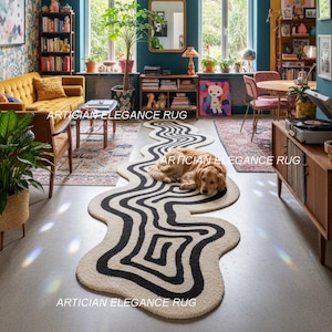 Tapis de couloir touffeté main motif labyrinthe abstrait | Tapis de couloir contemporain chic touffeté main pour couloir, entrée et chevet. Dimensions : 5 x 20 cm, 7 x 30 cm, 10 x 35 cm
