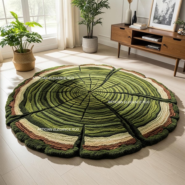 Forest Tree Ring Hand-Tufted Rug | Round Forest-Inspired Tufted Rug | Woodland Tree Ring Carpet for Living Room Bedroom Dining Room Carpet