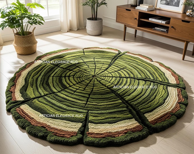Forest Tree Ring Hand-Tufted Rug | Round Forest-Inspired Tufted Rug | Woodland Tree Ring Carpet for Living Room Bedroom Dining Room Carpet