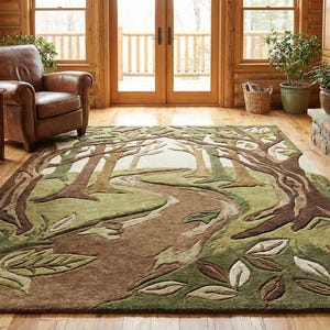 Woodland Path Hand Tufted Wool Rug | Forest Trail Nature Inspired Area Rug, Rustic Tree Landscape Tufted Rug for Living Room Bedroom Dinning
