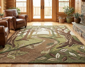 Woodland Path Hand Tufted Wool Rug | Forest Trail Nature Inspired Area Rug, Rustic Tree Landscape Tufted Rug for Living Room Bedroom Dinning