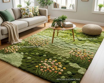Moss Green Tufted Rug | Botanical Breeze Tufted Rug | Floral Haven Handcrafted Carpet | Nature Touch Tufted Area Rug | Verdant Meadow Rug