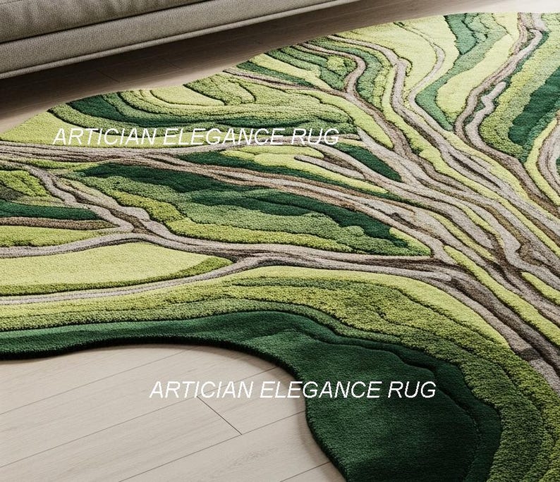 Pu&ograve; includere: Un tappeto verde e beige con un design ad albero. Il tappeto presenta diverse tonalit&agrave; di verde e beige, con una superficie strutturata. Il testo "ARTICIAN ELEGANCE RUG" &egrave; stampato sul tappeto.