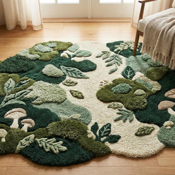 Organic Forest Path Hand-Tufted Wool Rug | Natural Terrain Hand-Tufted Wool Area Rug | Woodland Leaves & Mushrooms Hand-Tufted Rug