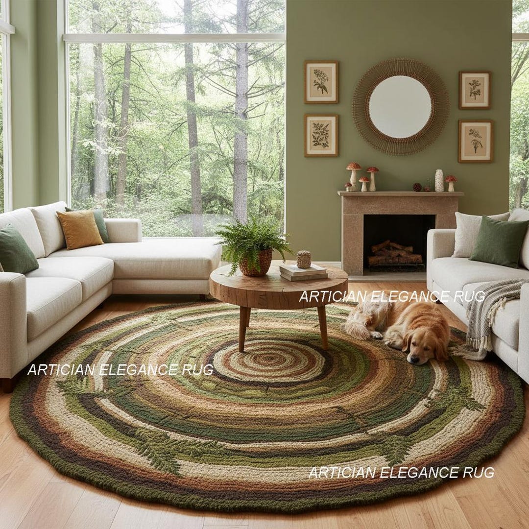 Nature Rings Wool Rug – Earthy Green & Brown Tones | Tree Ring Inspired ...