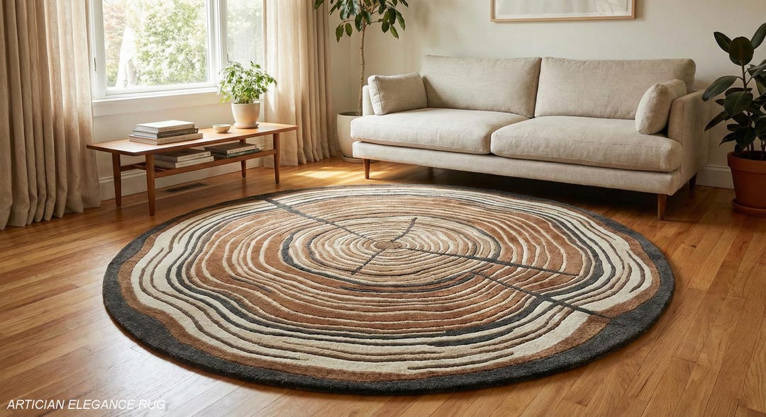 Wood Textile Rug Rustic Tree Rings Round Wool Floor Rug | Hand-tufted Tree Log Design ...